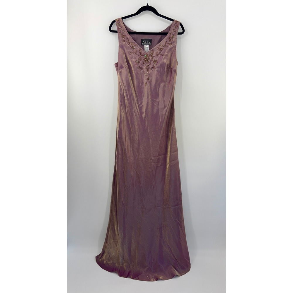 Alex Evenings Maxi Dress Womens 16 Purple Iridescent Beaded V-Neck Formal Fairy